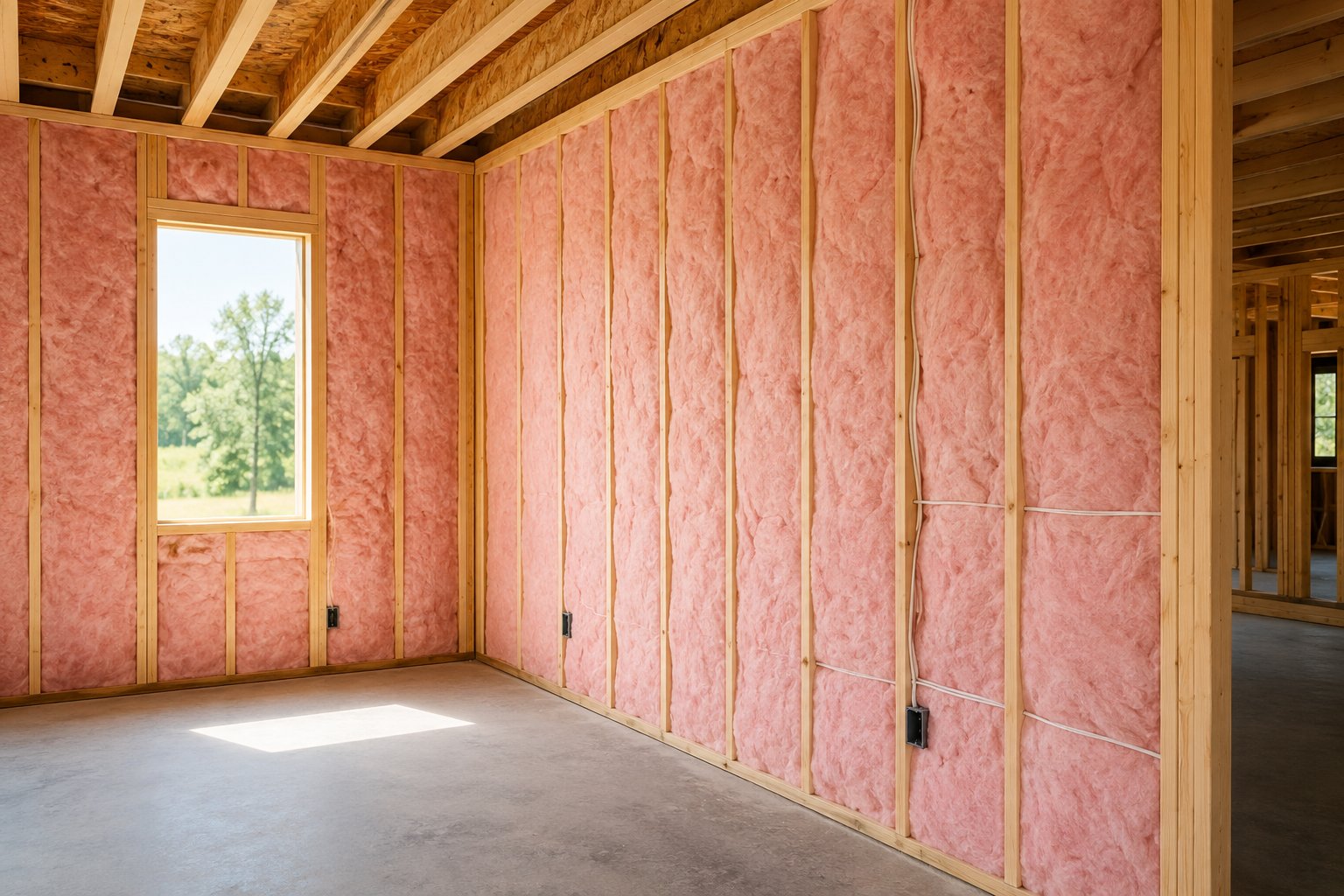 Fiberglass insulation installed in residential construction